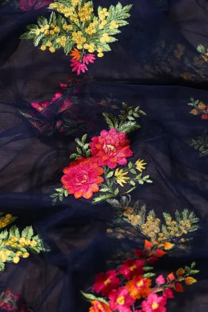 1.25 Meter Cut Piece Of Multi Thread Floral Embroidery On Navy Blue Soft Net Fabric