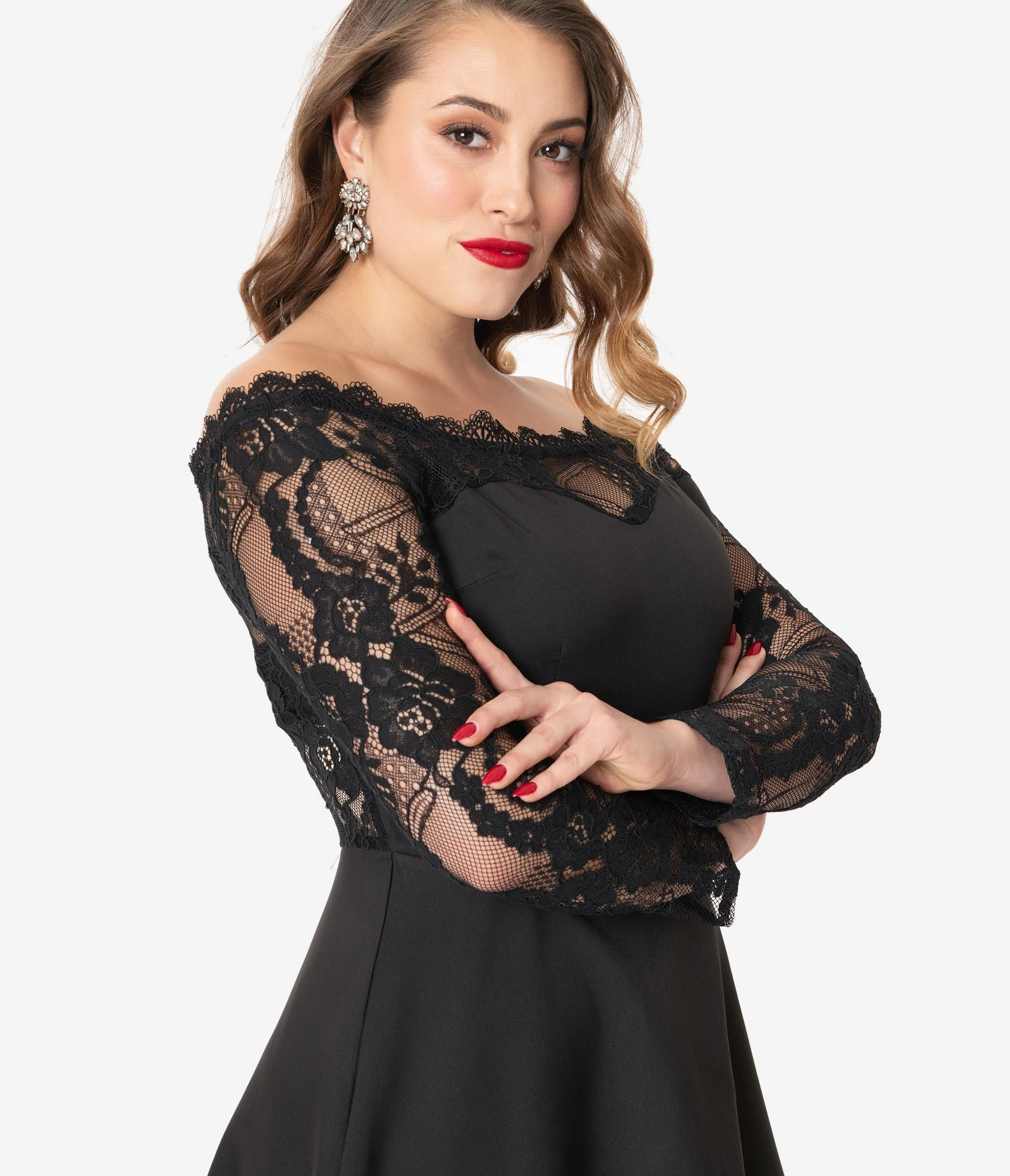 1960s Style Black Lace Sleeve Fit & Flare Dress