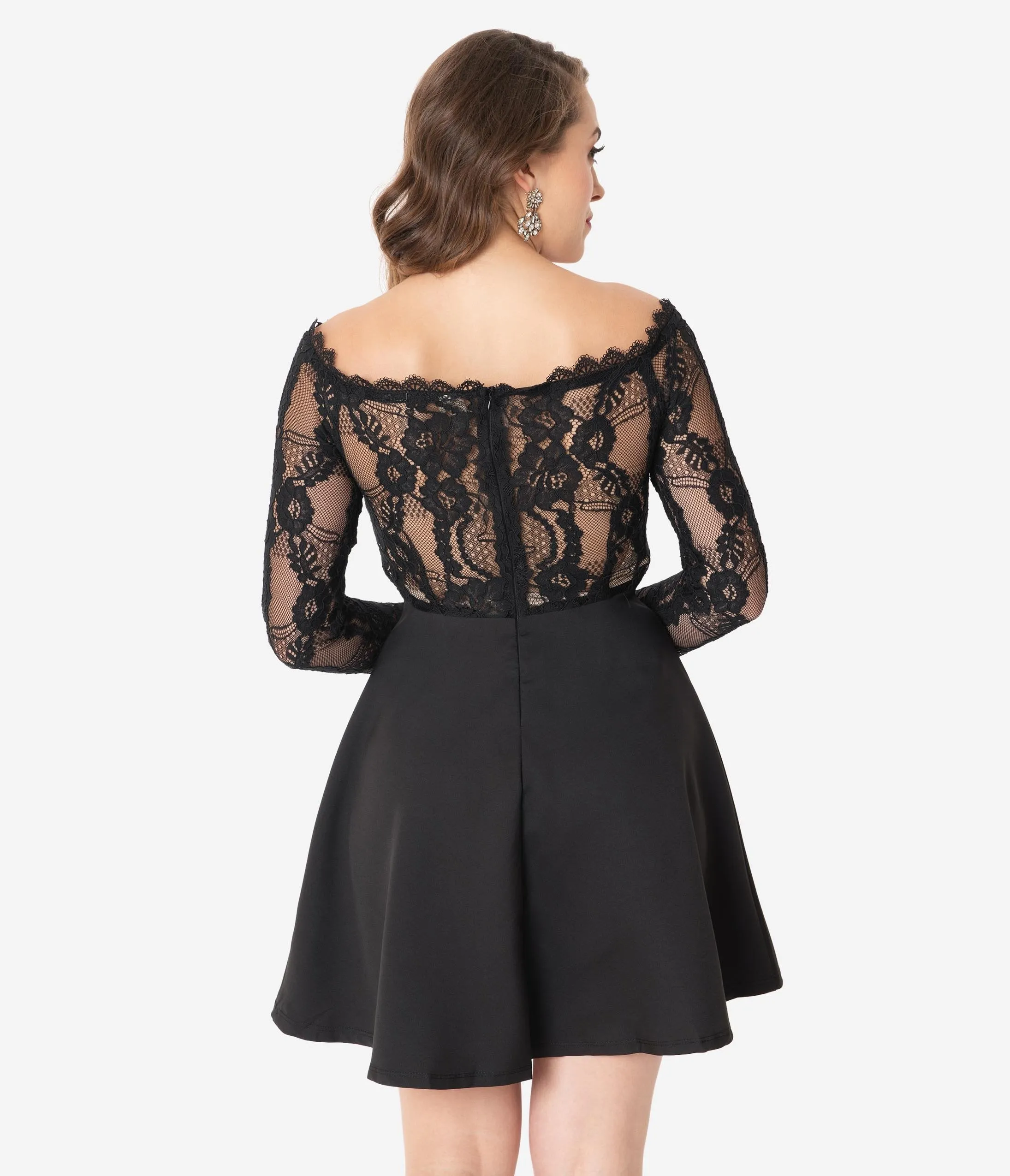 1960s Style Black Lace Sleeve Fit & Flare Dress