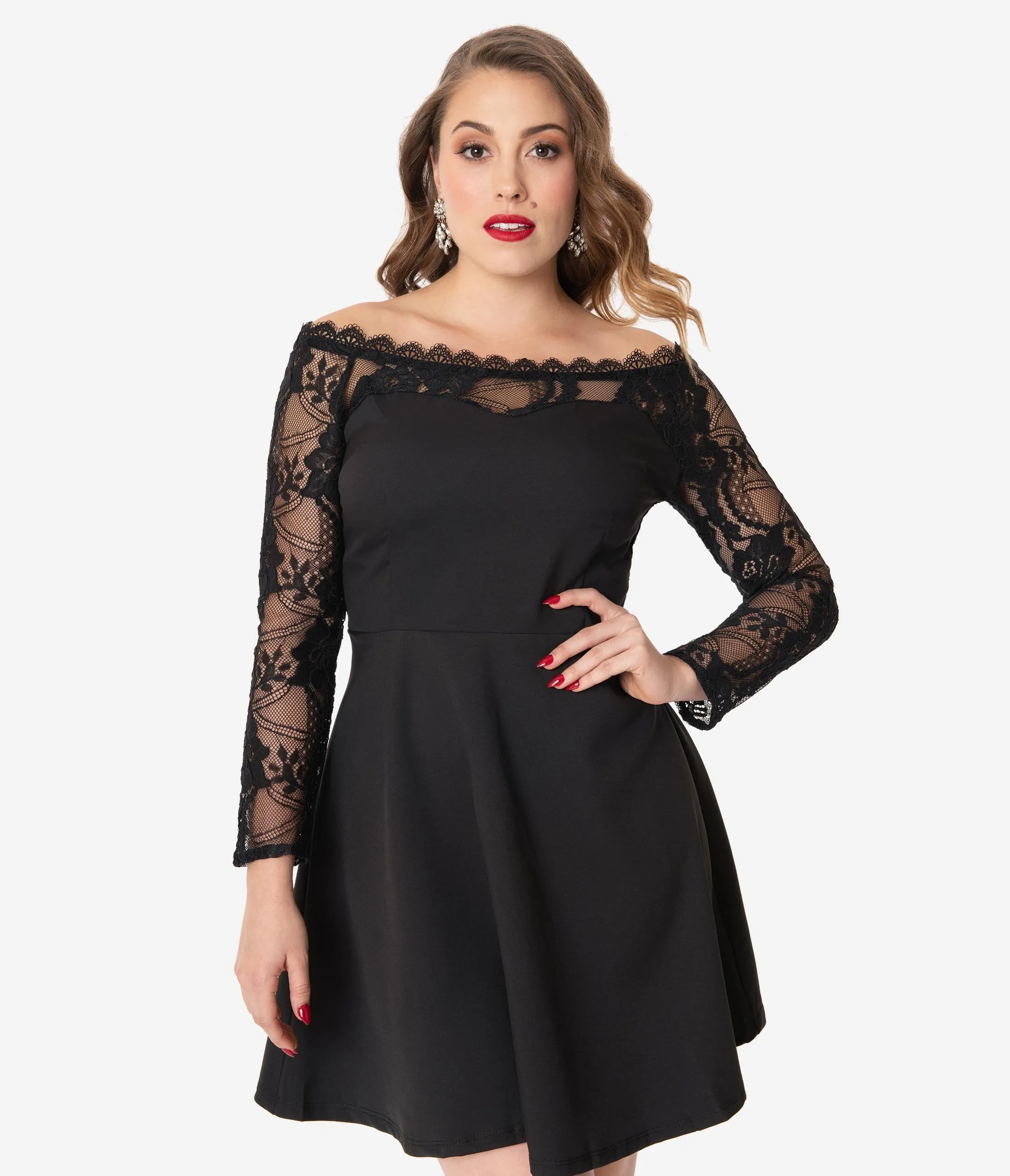 1960s Style Black Lace Sleeve Fit & Flare Dress