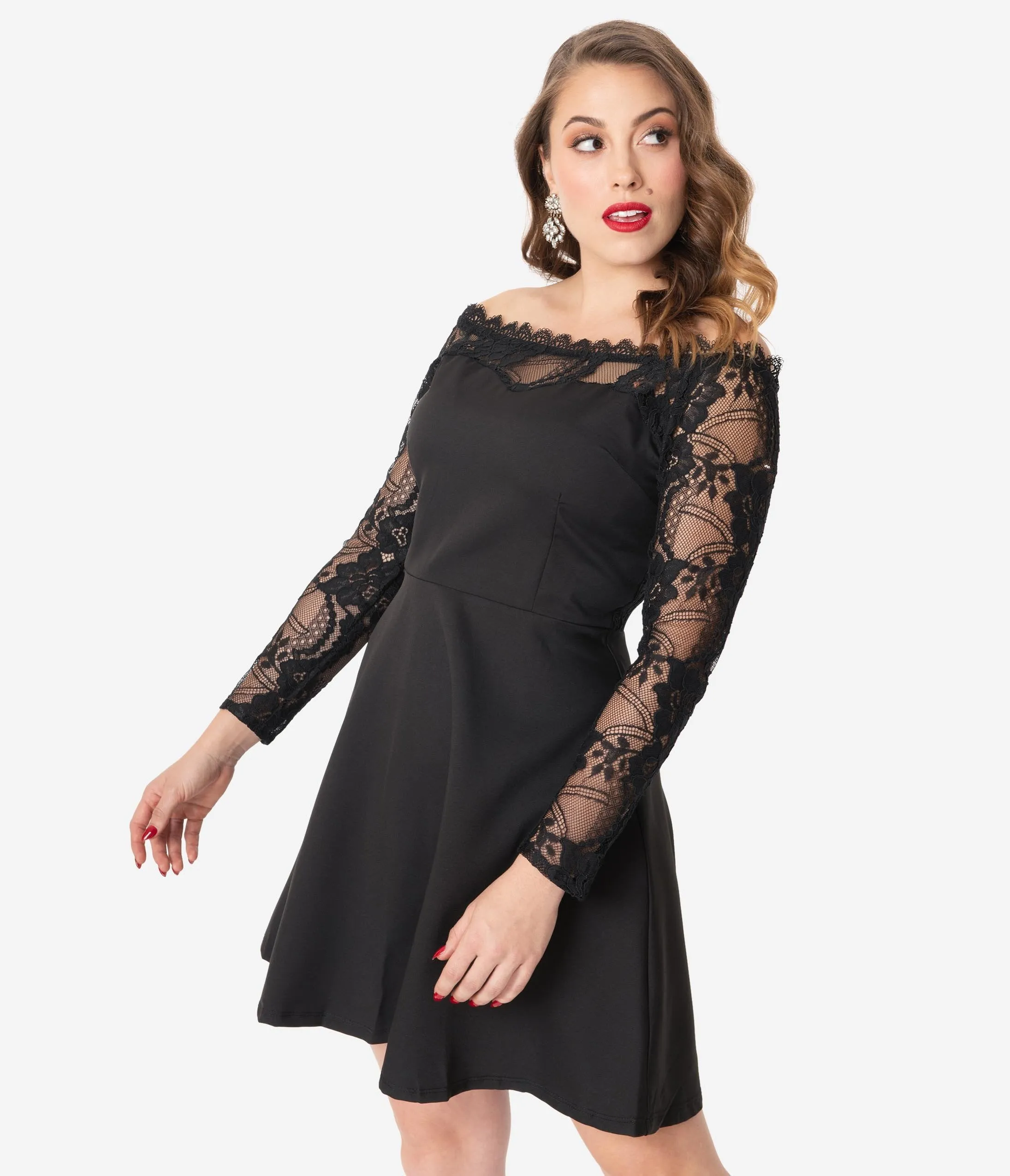 1960s Style Black Lace Sleeve Fit & Flare Dress