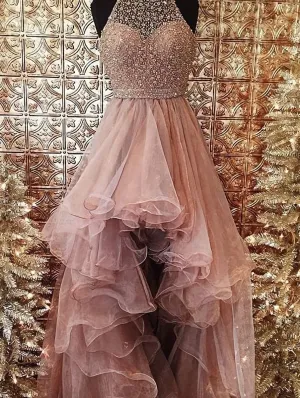 2025 Glamorous Pink Beading Layers Asymmetrical Tulle Prom Dresses