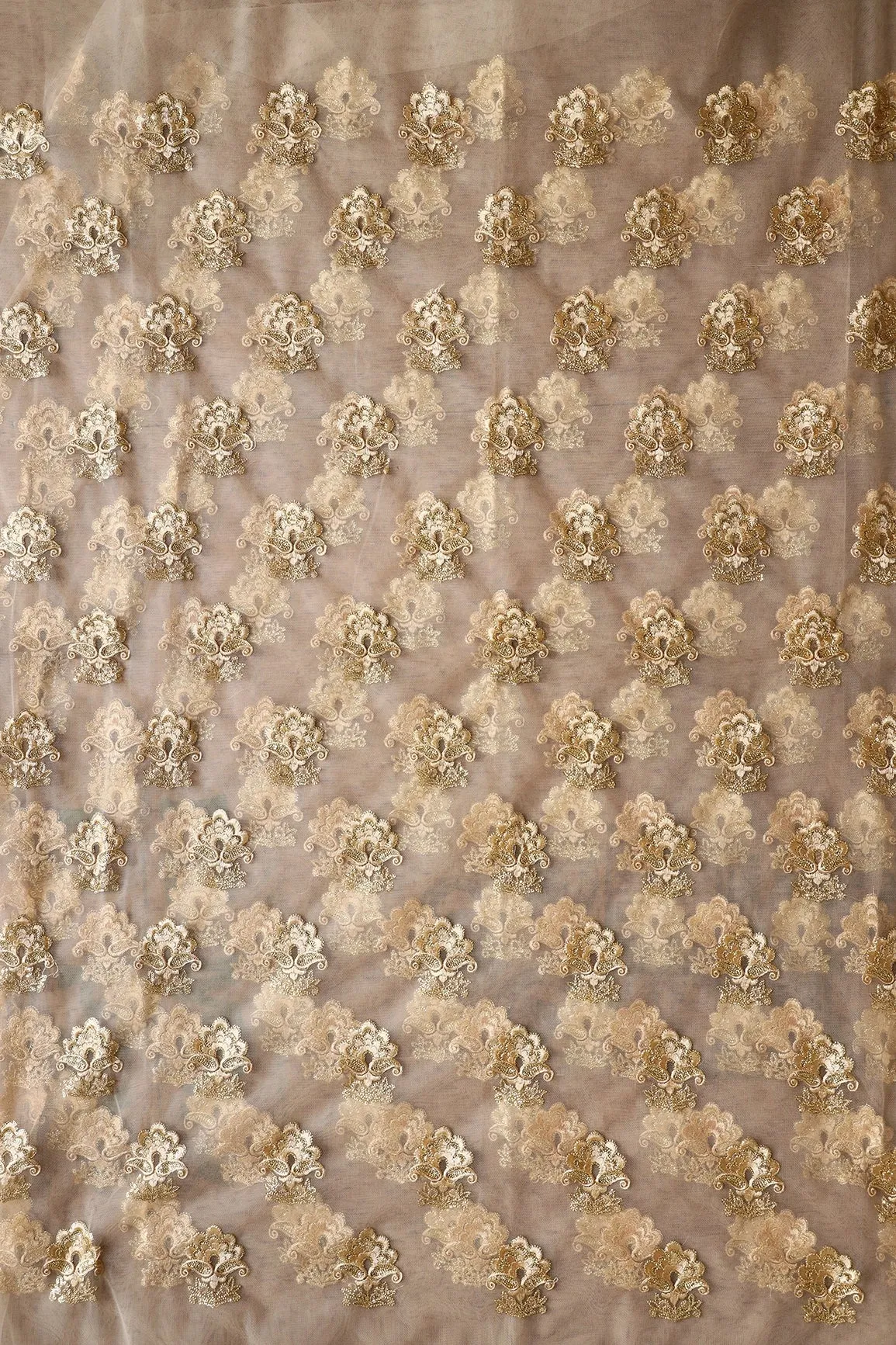 3.25 Meter Cut Piece Of Beige Thread With Gold Sequins Floral Embroidery On Beige Soft Net Fabric