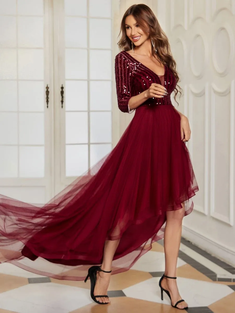 3/4 Sleeve Sheer Sequin Stripe High Low Hem Evening Dress