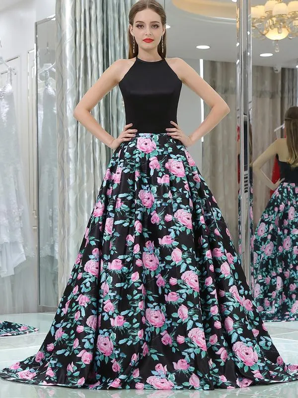 A-line Printed Satin Sleeveless Prom Dress with Pockets, YKX071