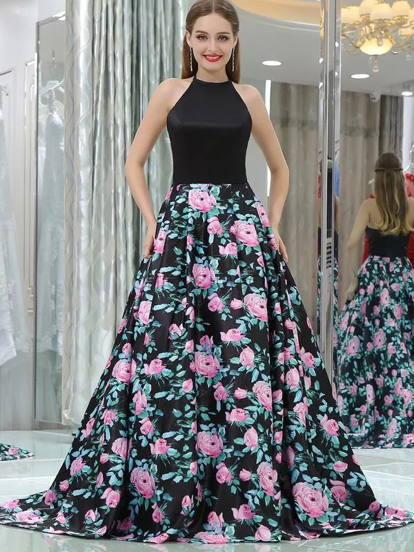 A-line Printed Satin Sleeveless Prom Dress with Pockets, YKX071