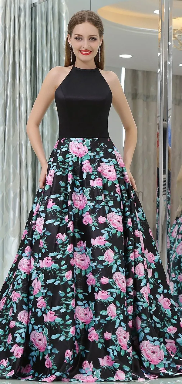 A-line Printed Satin Sleeveless Prom Dress with Pockets, YKX071