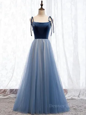 A Line Sleeveless Floor Length Blue Prom Dresses Blue Long Formal Bridesmaid Evening Dresses