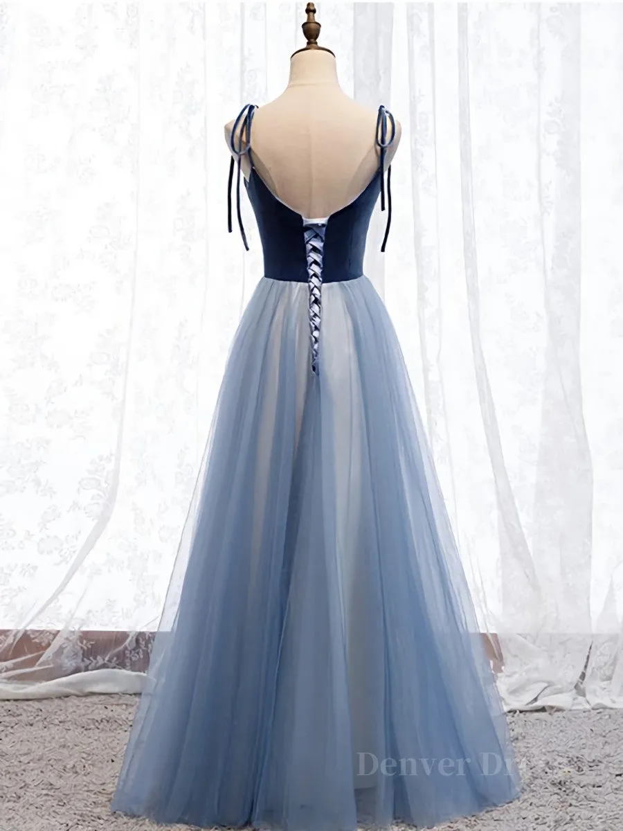 A Line Sleeveless Floor Length Blue Prom Dresses Blue Long Formal Bridesmaid Evening Dresses