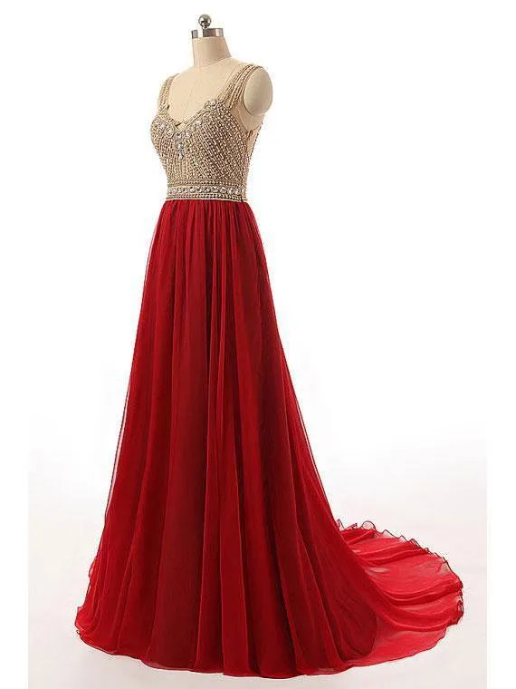 A-line Spaghetti Strap Sweep Train Tulle Rhinestone Prom Dresses 3012