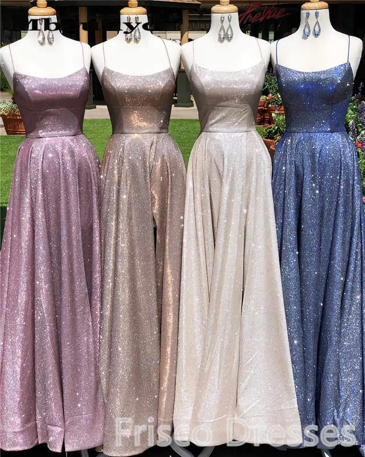 A-Line Sparkle Split Backless Evening Dresses Long Prom Dresses With Pocket