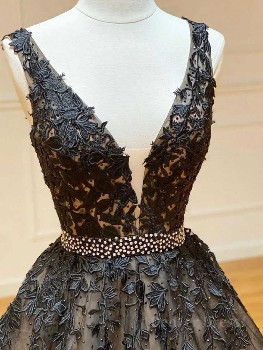 A Line V Neck Black Lace Prom Dresses Black Lace Formal Evening Dresses