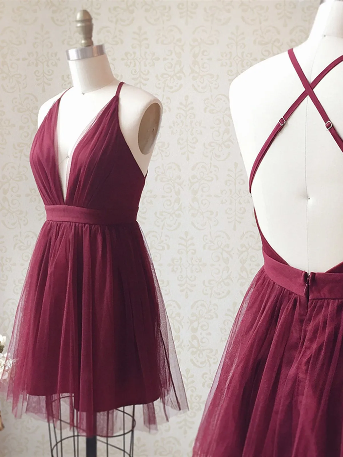 A Line V Neck Short Burgundy Backless Prom Dresses, Short Burgundy Backless Formal Homecoming Dresses