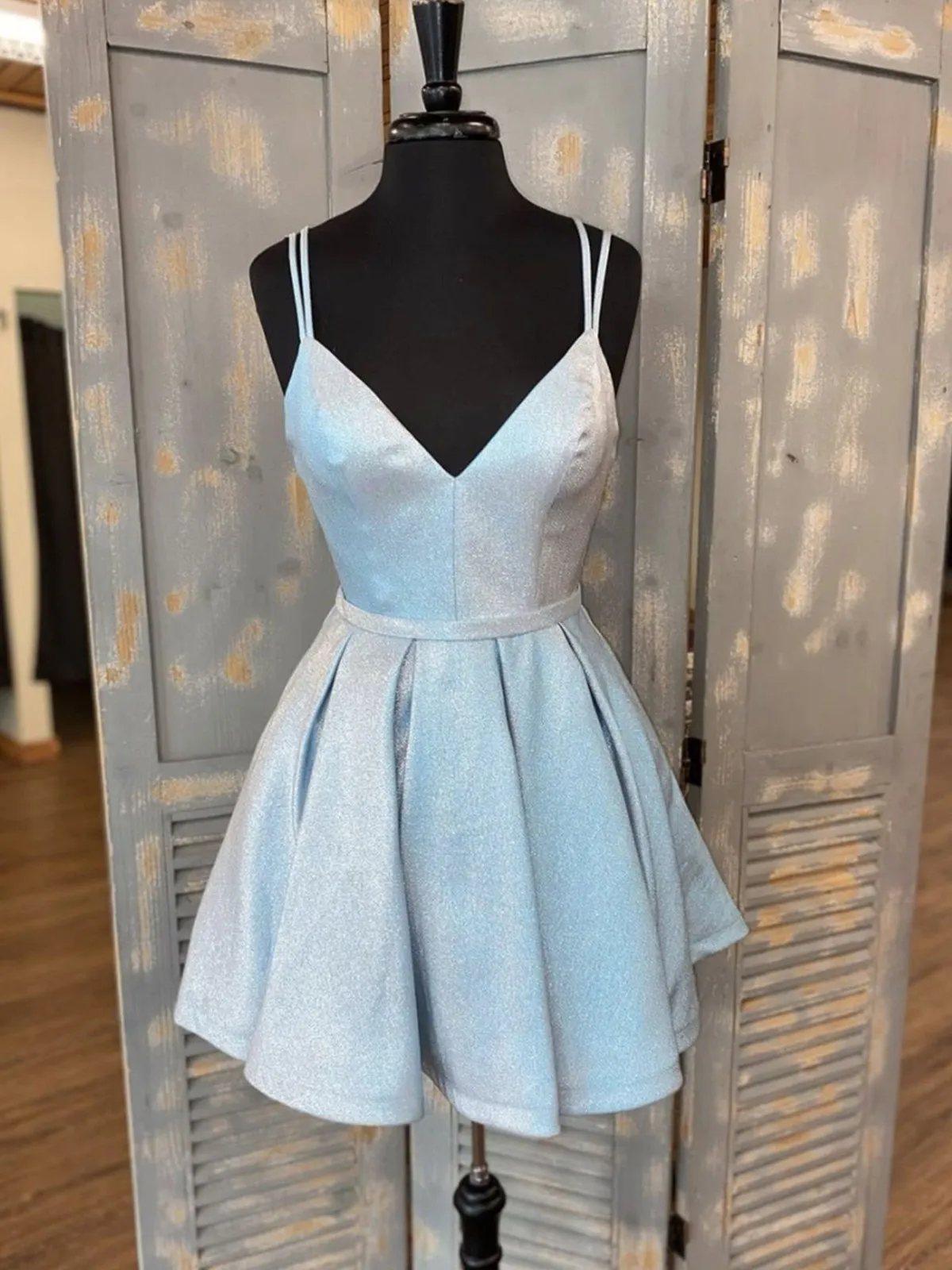 A Line V Neck Short Light Blue Prom Dresses, Short V Neck Light Blue Formal Homecoming Dresses