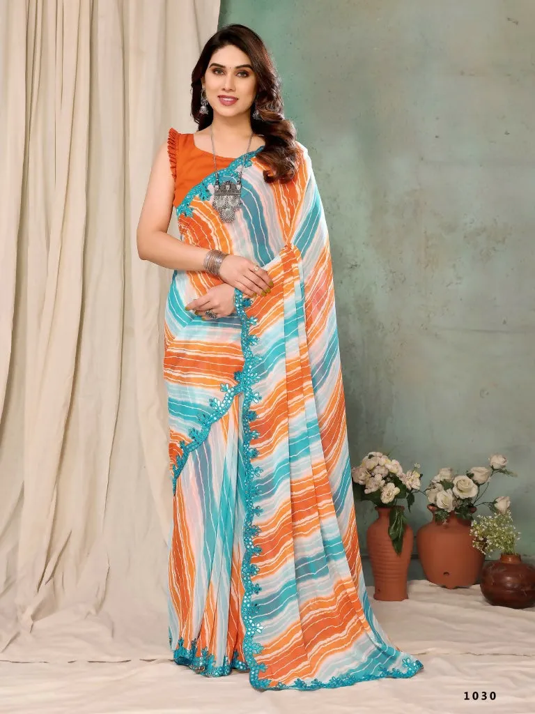 Aafreen Partywear Designer Orange & Blue Georgette Fancy Saree