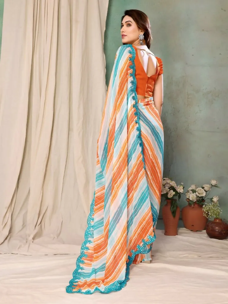 Aafreen Partywear Designer Orange & Blue Georgette Fancy Saree