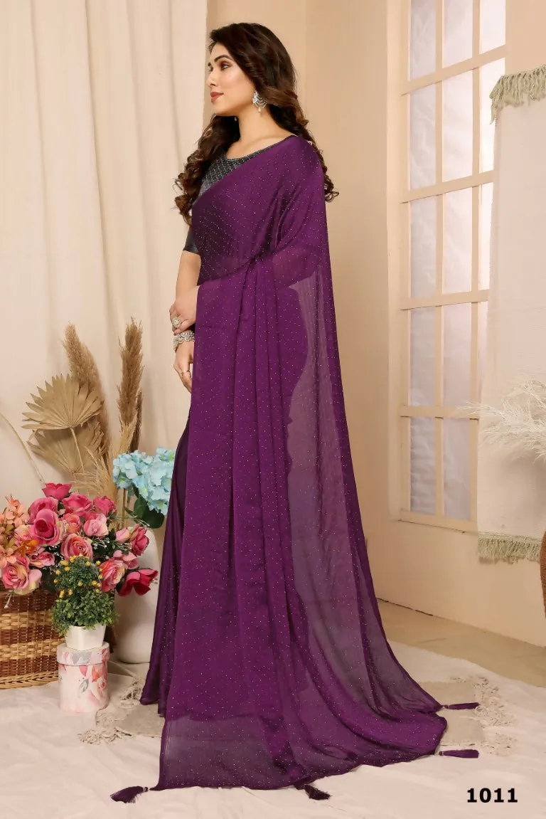 Aafreen Partywear Designer Purple Satin Chiffon Fancy Saree