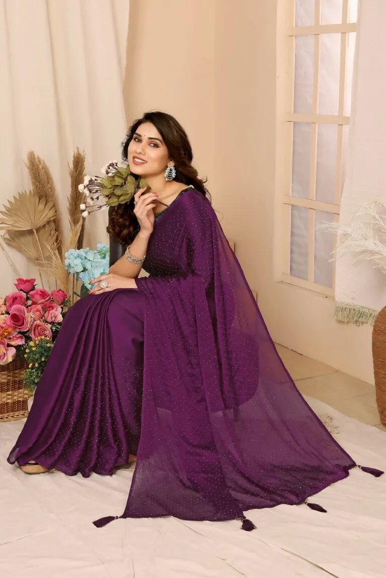 Aafreen Partywear Designer Purple Satin Chiffon Fancy Saree