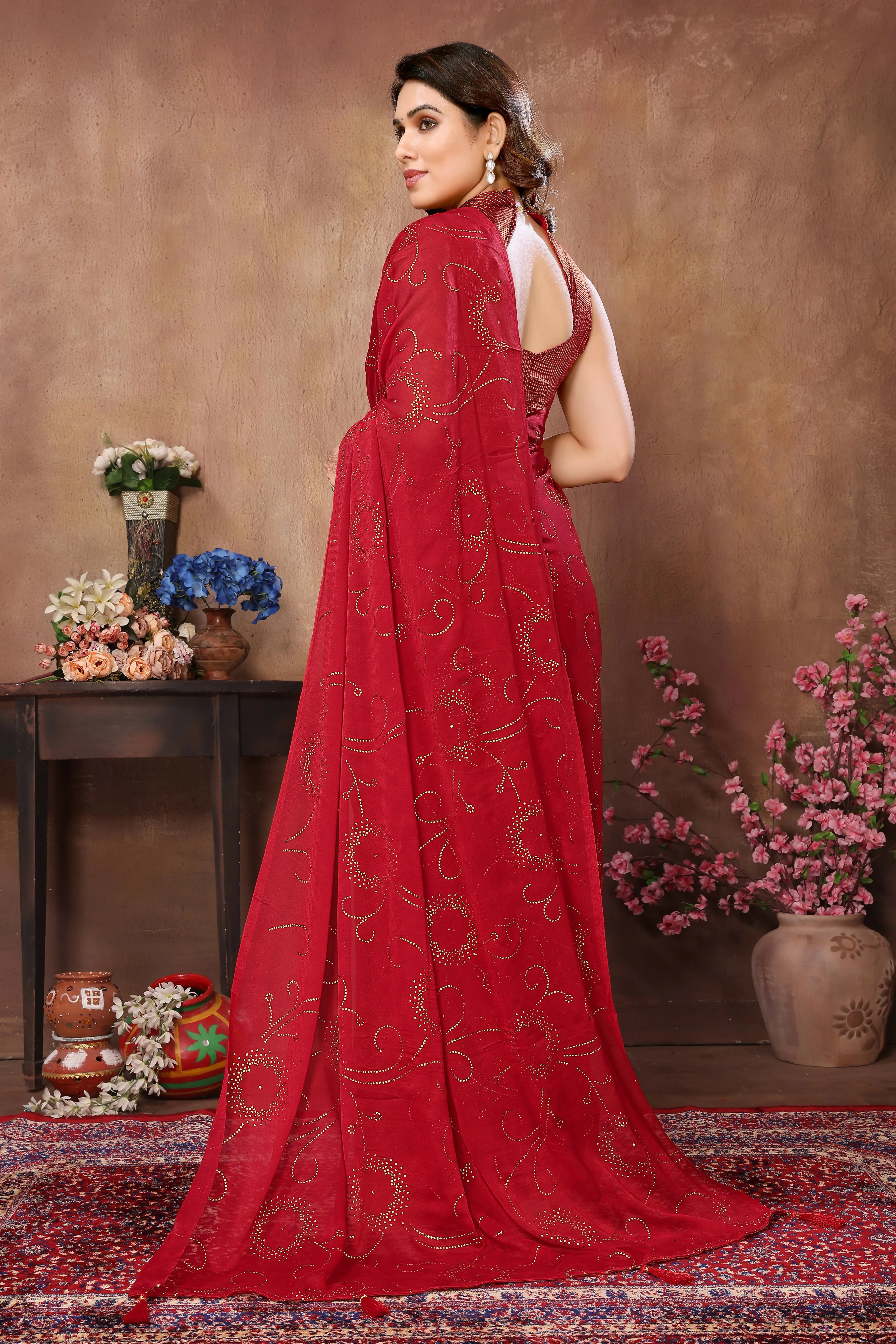 Aafreen Partywear Designer Red Rangoli Silk Fancy Saree