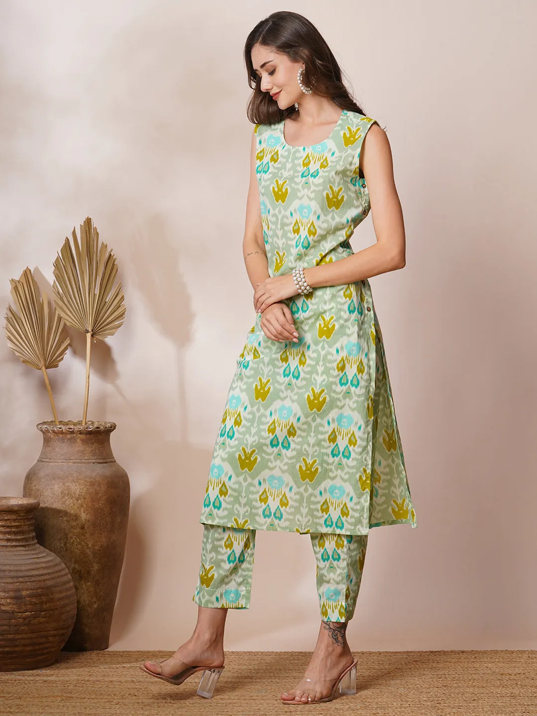 Abstract Ethnic Ikat Printed Straight Fit Co-ord Set - Mint Green