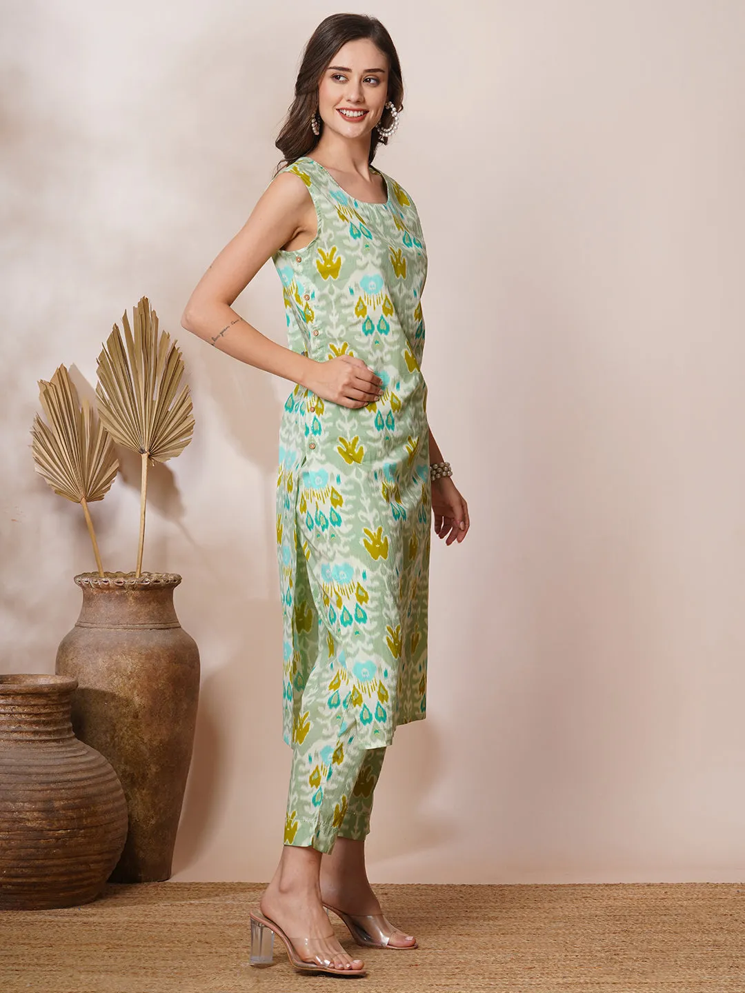 Abstract Ethnic Ikat Printed Straight Fit Co-ord Set - Mint Green