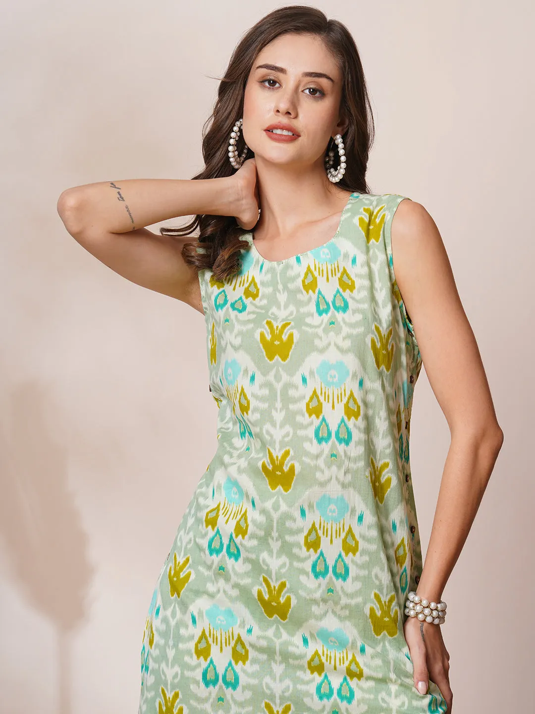 Abstract Ethnic Ikat Printed Straight Fit Co-ord Set - Mint Green