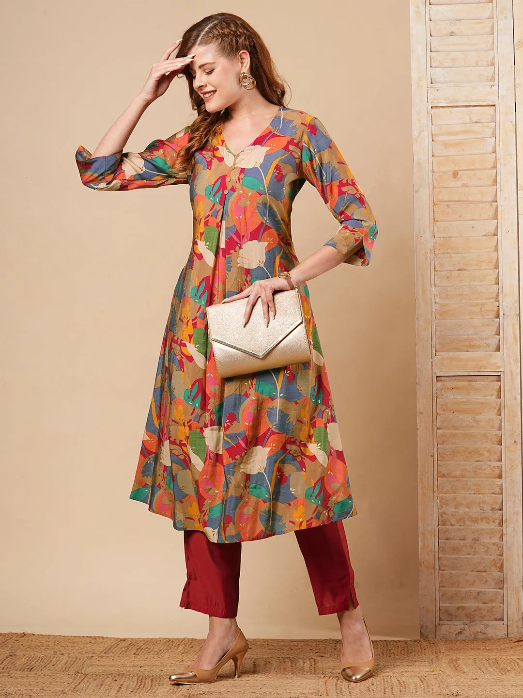 Abstract Floral Foil Printed A-Line Kurta with Pant - Multi