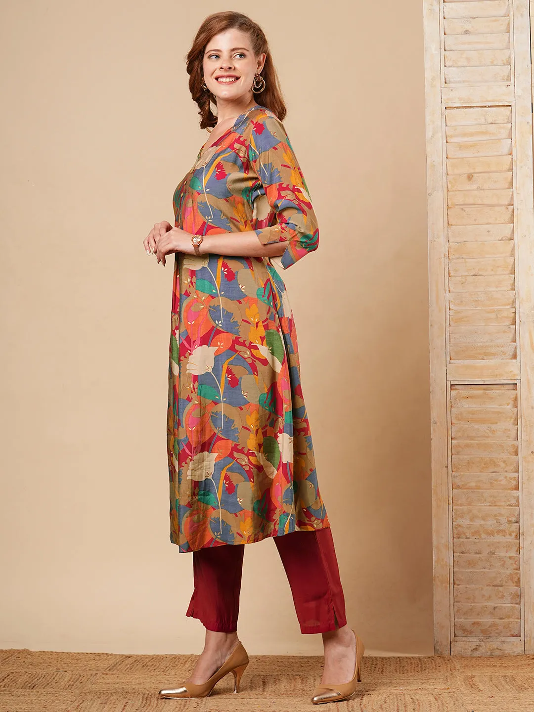 Abstract Floral Foil Printed A-Line Kurta with Pant - Multi