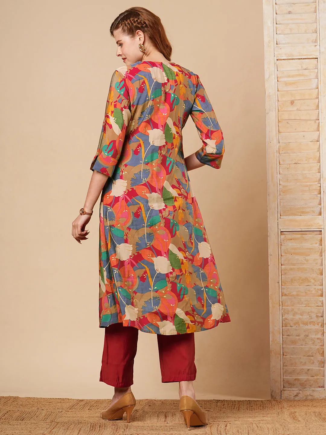 Abstract Floral Foil Printed A-Line Kurta with Pant - Multi