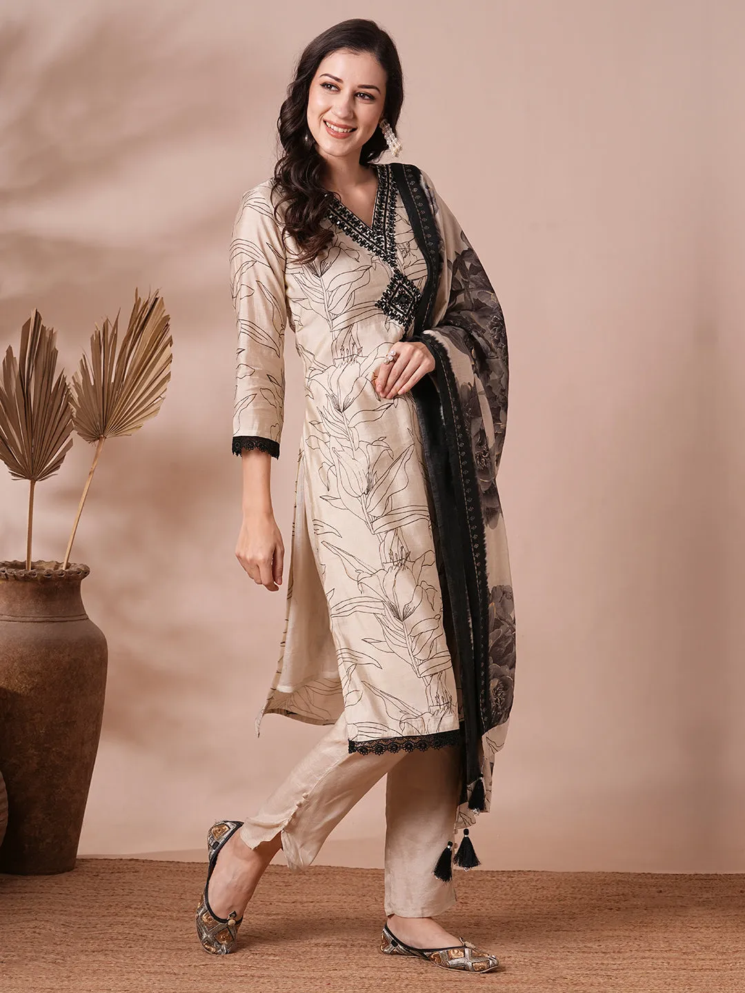 Abstract Floral Foil Printed & Embroidered Straight Fit Kurta with Pant and Dupatta - Cream