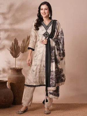 Abstract Floral Foil Printed & Embroidered Straight Fit Kurta with Pant and Dupatta - Cream