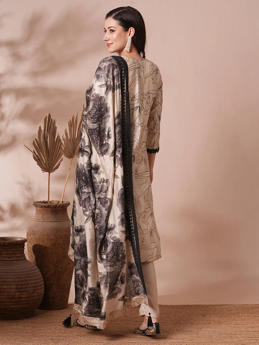 Abstract Floral Foil Printed & Embroidered Straight Fit Kurta with Pant and Dupatta - Cream