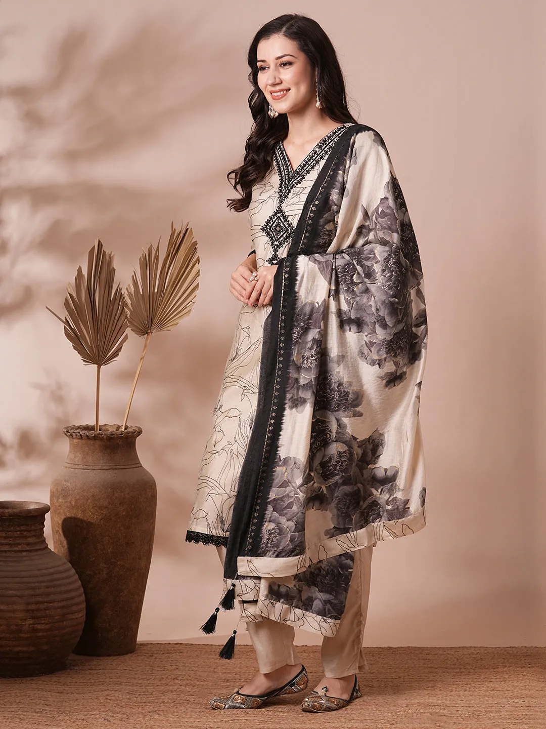 Abstract Floral Foil Printed & Embroidered Straight Fit Kurta with Pant and Dupatta - Cream