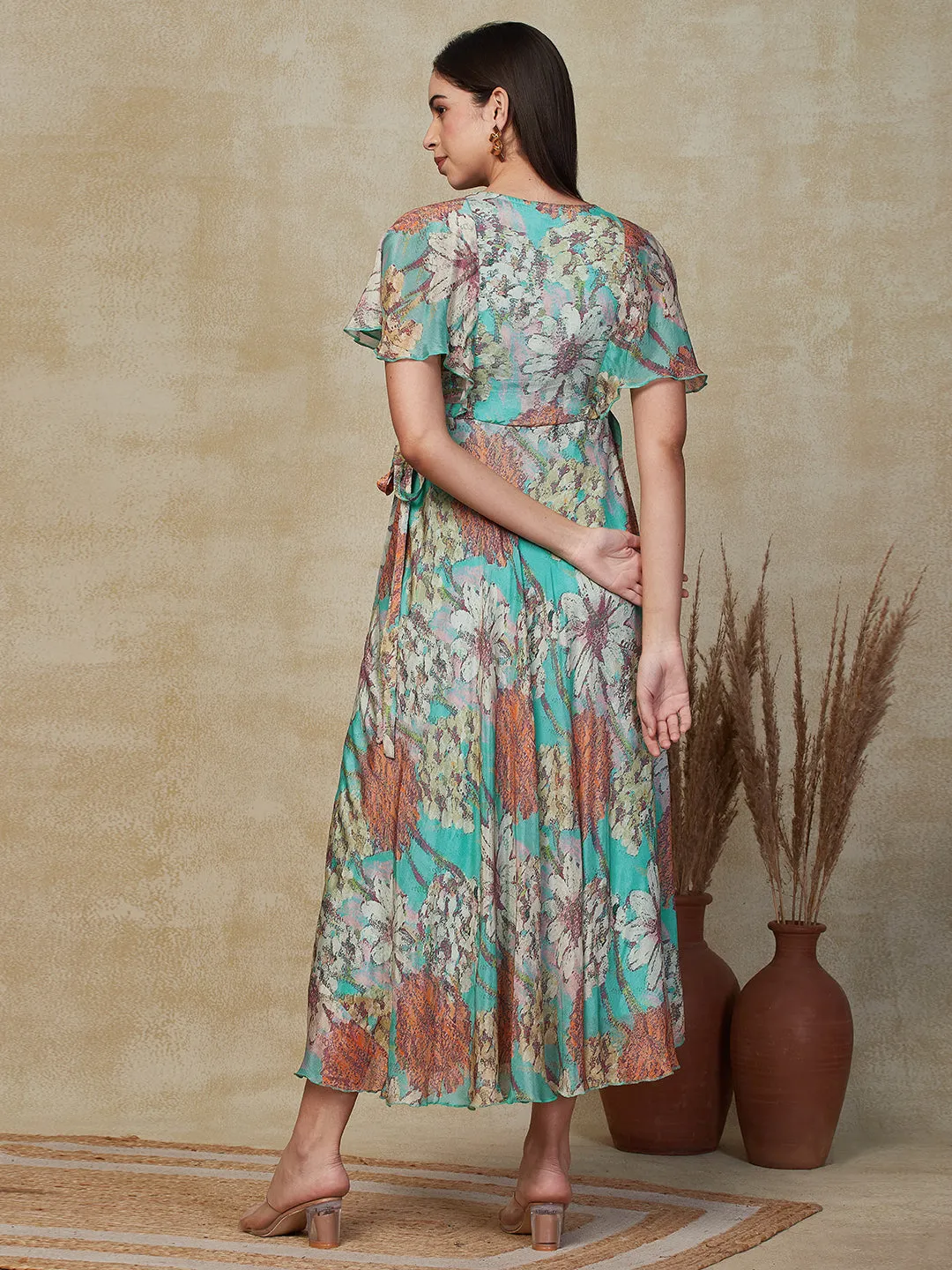 Abstract Floral Printed A-Line Fit & Flare Maxi Dress - Turquoise Blue