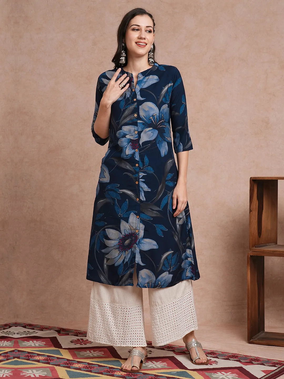 Abstract Floral Printed A-Line Kurta - Blue