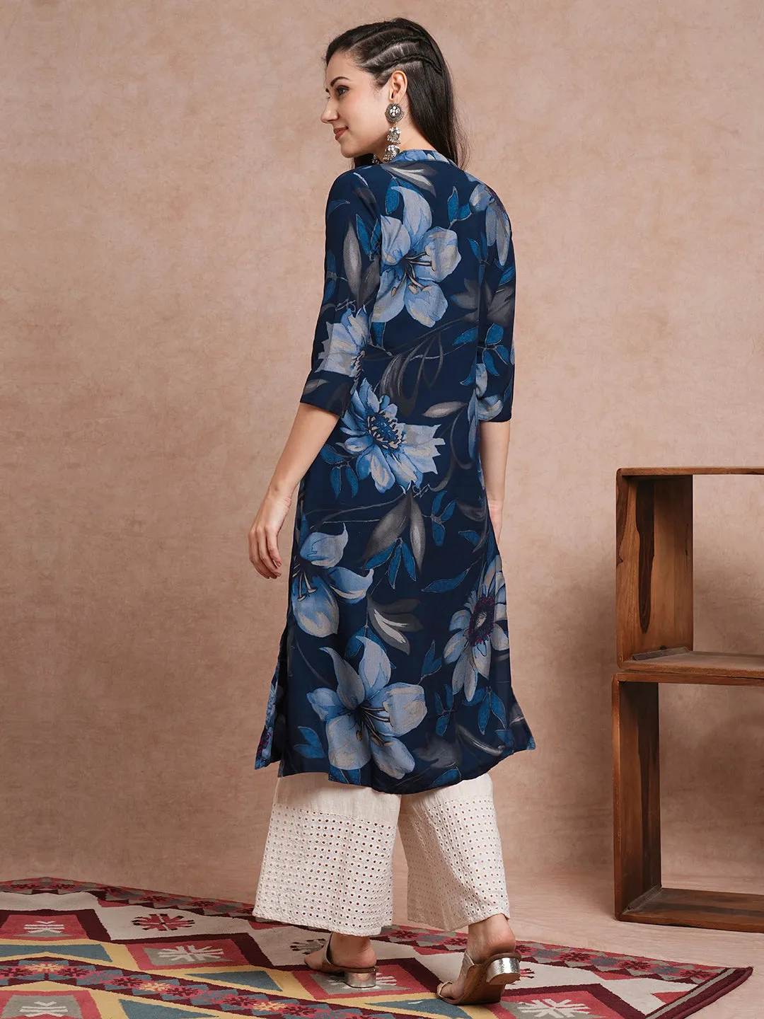 Abstract Floral Printed A-Line Kurta - Blue