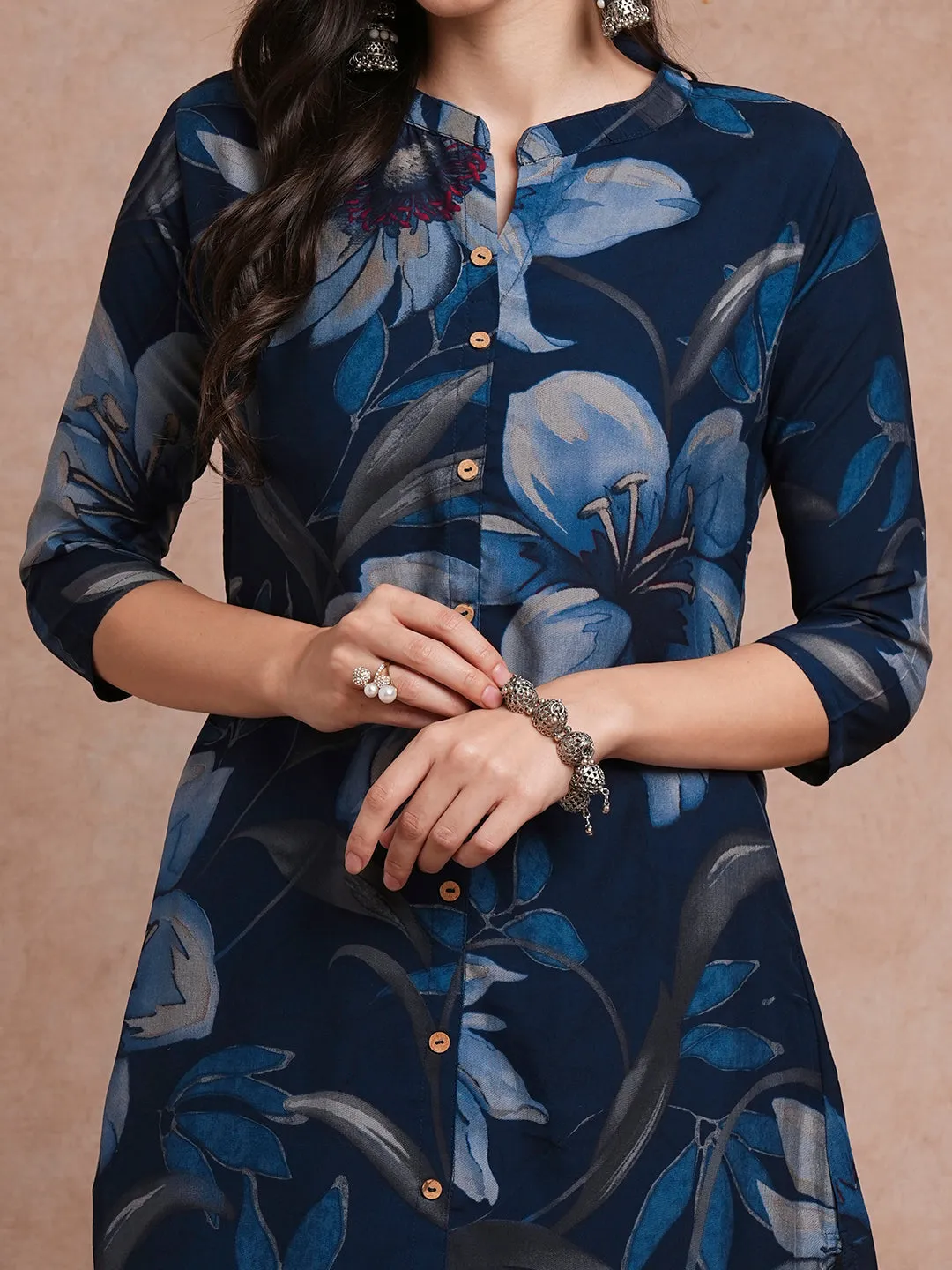 Abstract Floral Printed A-Line Kurta - Blue