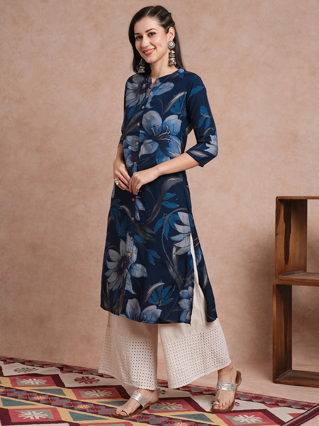 Abstract Floral Printed A-Line Kurta - Blue