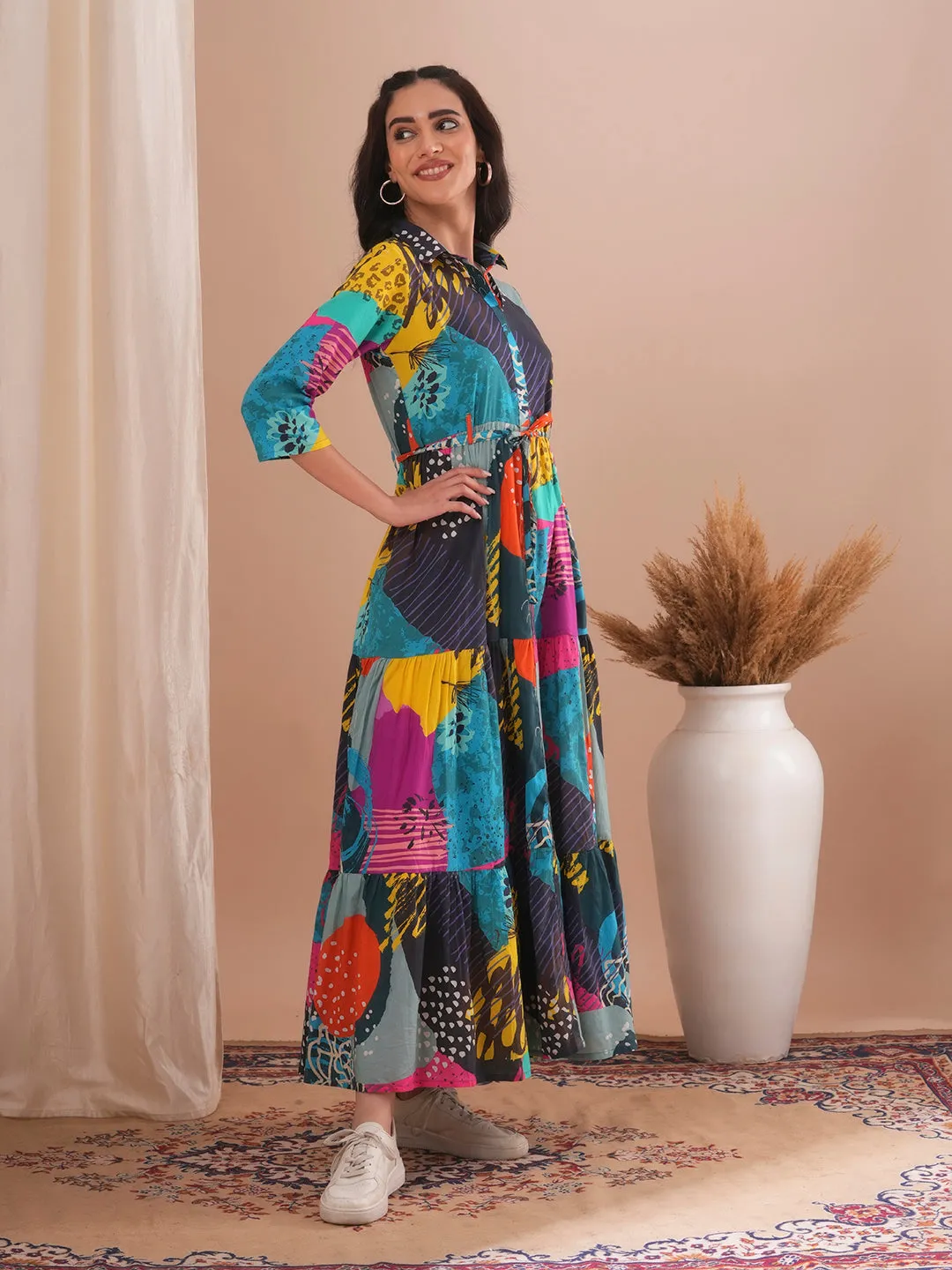 Abstract Floral Printed A-Line Pleated Tiered Maxi Dress - Multi