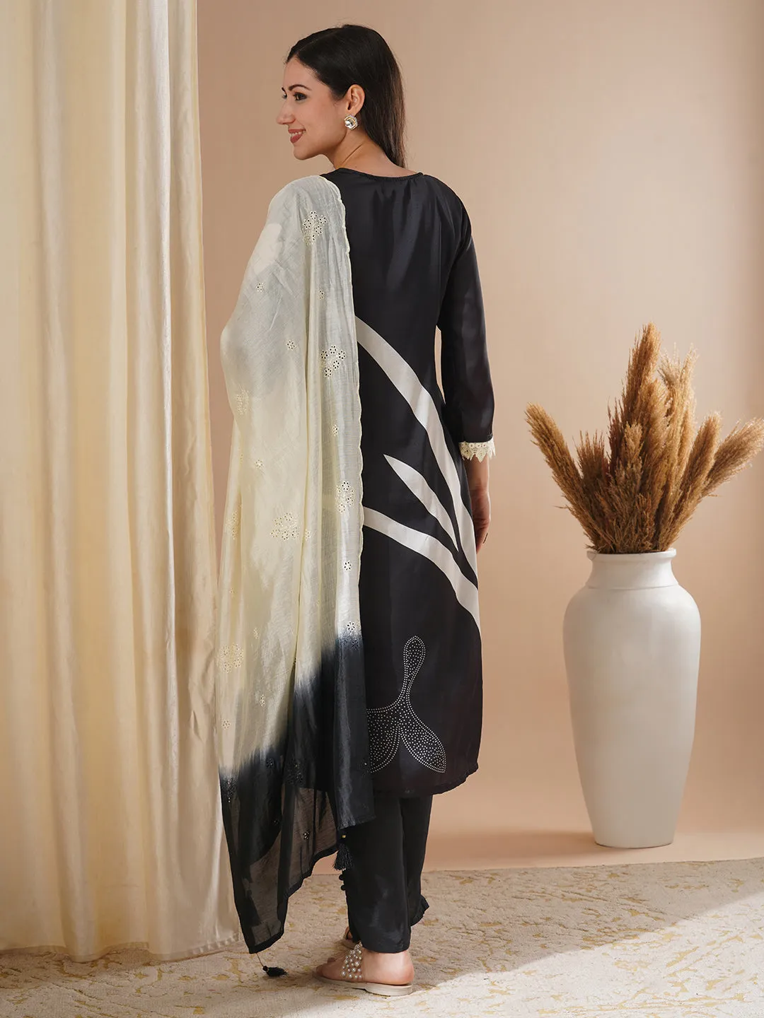 Abstract Floral Printed & Embroidered Straight Fit Kurta with Pant & Dupatta - Black