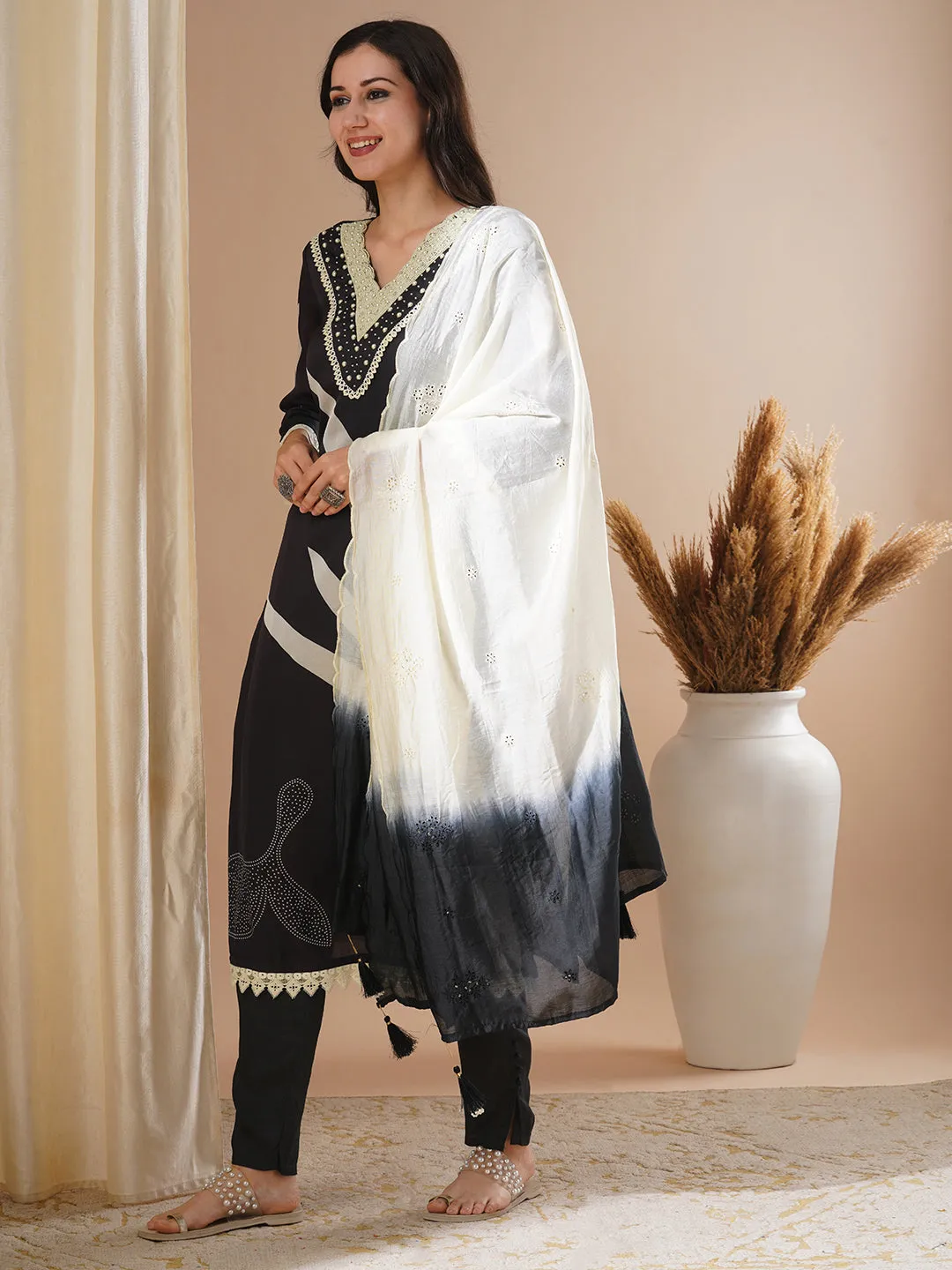 Abstract Floral Printed & Embroidered Straight Fit Kurta with Pant & Dupatta - Black