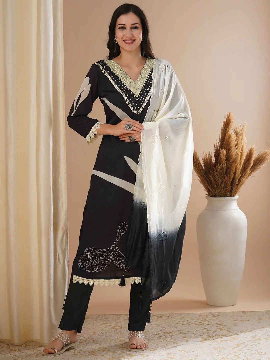 Abstract Floral Printed & Embroidered Straight Fit Kurta with Pant & Dupatta - Black