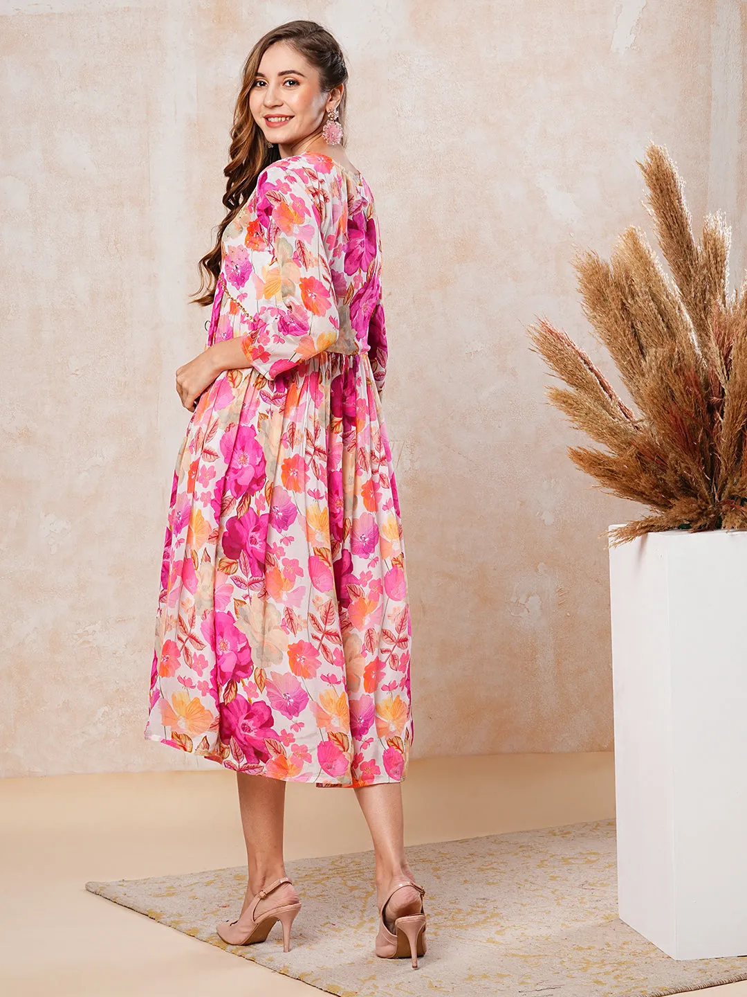 Abstract Floral Printed & Sequin Embroidered A-Line Pleated Midi Dress - Multi