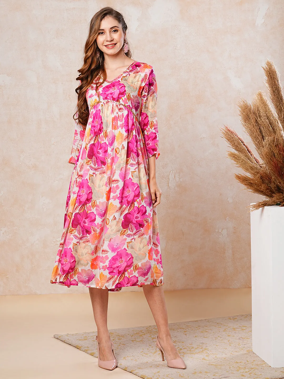 Abstract Floral Printed & Sequin Embroidered A-Line Pleated Midi Dress - Multi