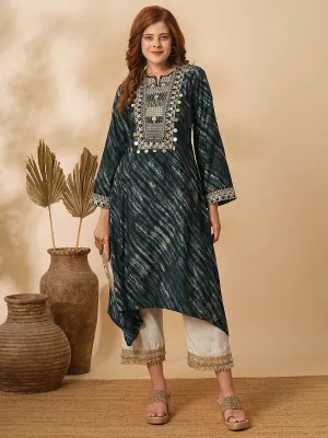 Abstract Foil Printed & Zari Embroidered A-Line High Low Kurta with Palazzo - Charcoal