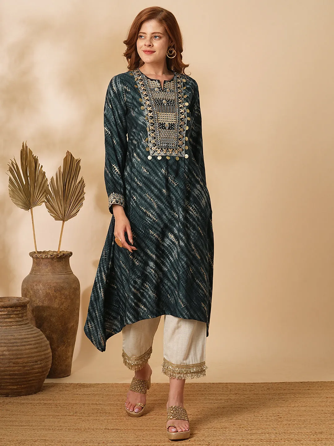 Abstract Foil Printed & Zari Embroidered A-Line High Low Kurta with Palazzo - Charcoal