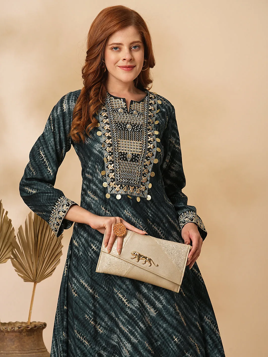 Abstract Foil Printed & Zari Embroidered A-Line High Low Kurta with Palazzo - Charcoal