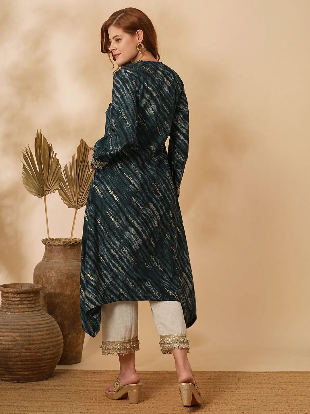 Abstract Foil Printed & Zari Embroidered A-Line High Low Kurta with Palazzo - Charcoal