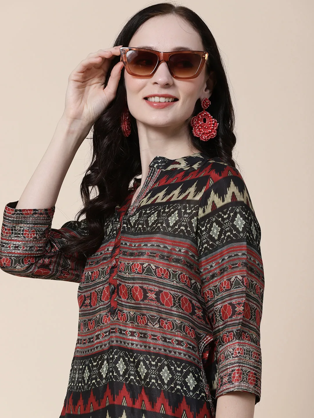 Abstract Ikkat Printed Zari Embroidered Kurta With Matching Pants Set - Black & Multi