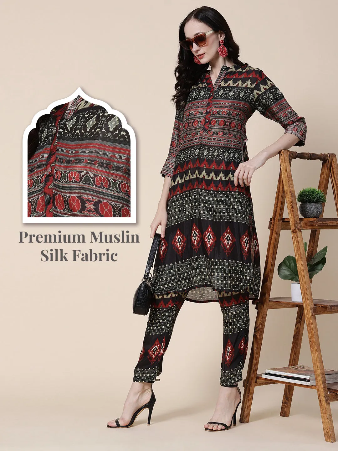 Abstract Ikkat Printed Zari Embroidered Kurta With Matching Pants Set - Black & Multi